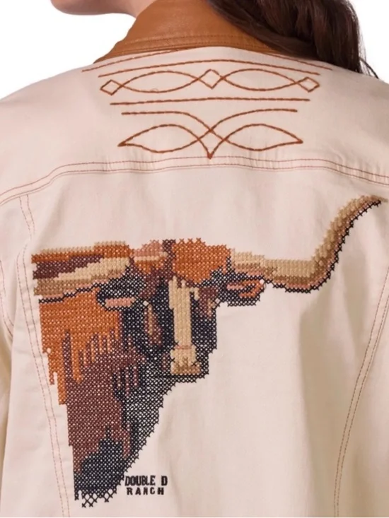 Double D Ranch Cream Jean Jacket with Embroidered Longhorn Back -Size Small NWT - Picture 1 of 10